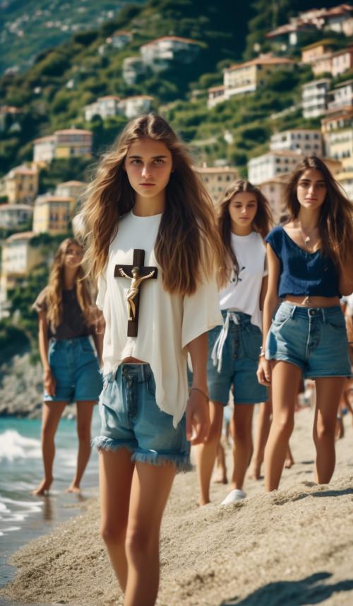 six Austrian and four Italian teenage girls to a beach in Liguria with a mountain slope. All wearing summer clothes and a crucifix