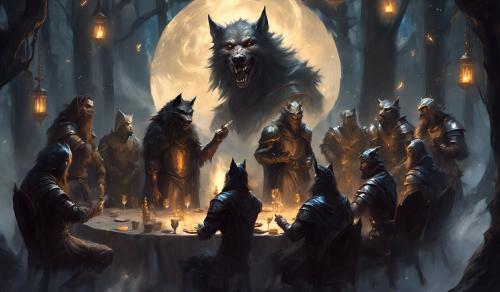 A werewolf smoking with some knights in a circle