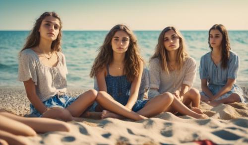 six Austrian and four Italian teenage girls are standing, sitting or lying on a beach in Liguria. All are wearing summer beach clothes and a small crucifix