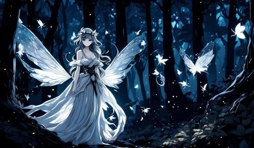 Fairy babe in a white and black goun, in the dark woods 