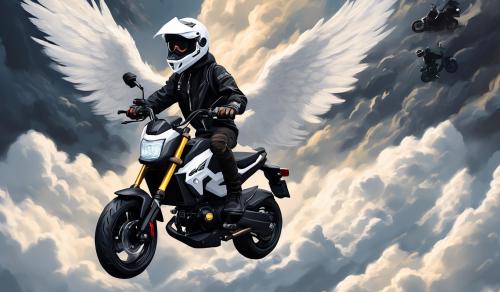 Young man with white wings riding a black 2023 honda grom in heaven