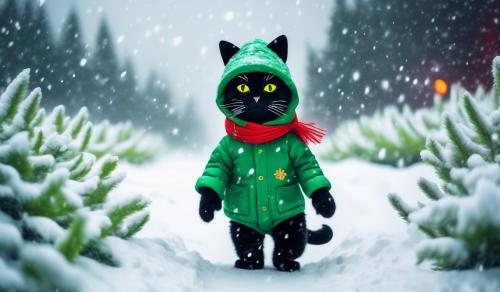 draw a big black cat with big yellow eyes dressed in a bright green snowsuit wait a toque on his head riding a fiery tobaggan with pandas wearing red scarves also riding on it behing him  also down a hillside in a blizzard