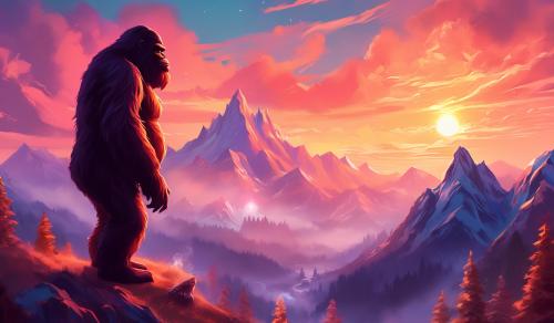 Sassy the sasquatch on mountain while smoking and looking out at a beautiful landscape with a sunset