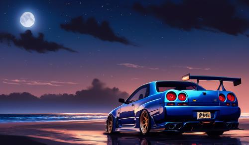 skyline r34 sur une route la nuit a cote d une plage 