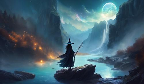 A witch with a staff next a river and a rocky cliff in the background