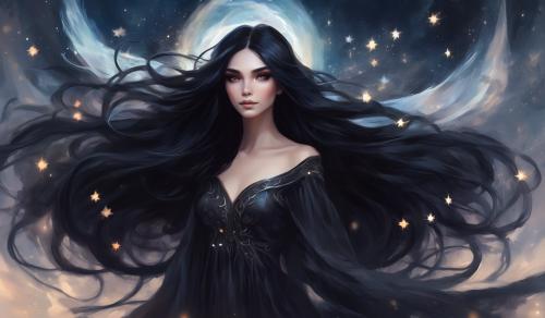 A cute witch with long black hair. In a wight dress