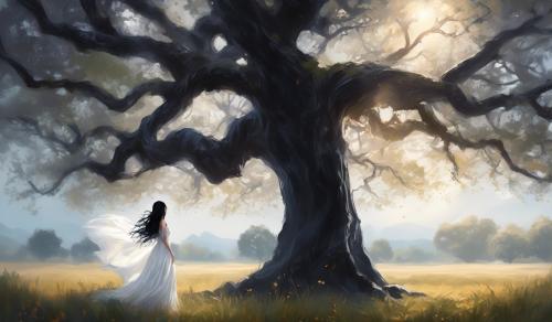 A black haired vampire, in a white dress under a big tree in a field.