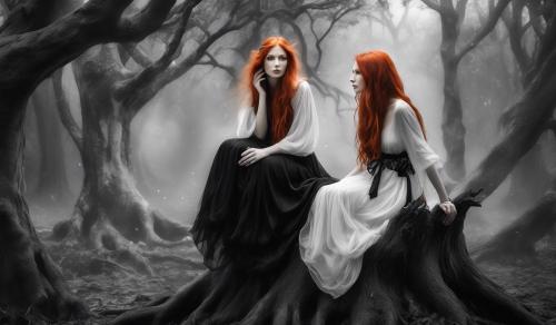 A red headed witch in black and white dress, siting on a tree stump. 