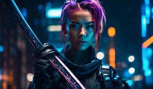 Cyberpunk Cyborg Girl with Katana