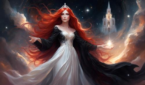 A cute good witch with long red hair, in a black gown with white trim.