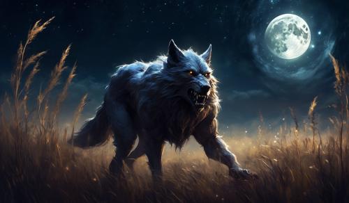 A werewolf in a field, on a moon lit night. 