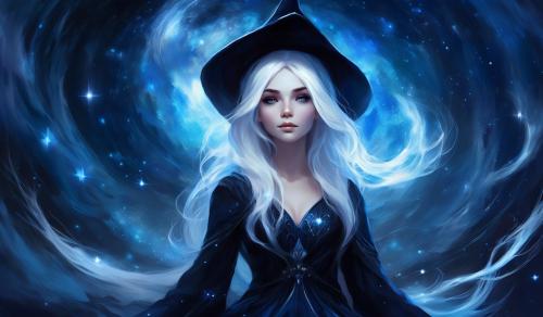 A cute witch with white hair, in a black and blue.