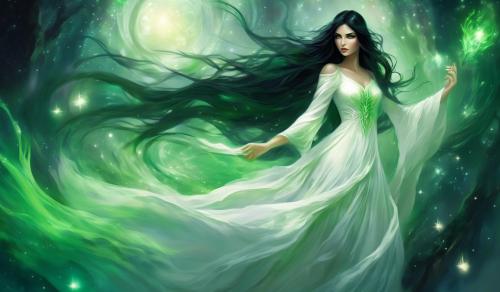 A black haired witch with green eyes, in a white dress.