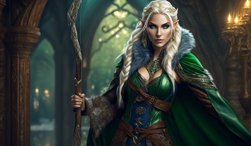 A stunningly beautiful Elf woman with long braided platinum blond hair, gazing directly at the viewer with piercing, deep blue eyes. She is dressed in an elaborate fantasy archer outfit, featuring a dark green cape with fur trim that flows gracefully behind her, a green leather corset adorned with intricate details, a matching green leather skirt, a brown belt cinched at her waist. The elf woman stands in a mystical forest teeming with lush vegetation, including vibrant moss, various mushrooms of different shapes and colors, and lush grass that carpets the forest floor. Sunlight filters through the dense canopy of ancient trees, casting a magical, dappled glow on the scene. The image is depicted in a highly detailed, fantasy art style that blends realism with imaginative elements. Ultra detailed face and eyes