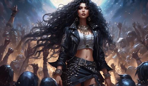 A small, petite heavy metal fan with long black curls, adorned in a thigh-length skirt, studded collar, studded bracelet, studded belt, and a lace mimitop and an open denim jacket stands in the front row of howling heavy metal fans