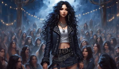 A small, petite heavy metal fan with long black curls, adorned in a thigh-length skirt, studded collar, studded bracelet, studded belt, and a lace mimitop and an open denim jacket stands in the front row of howling heavy metal fans