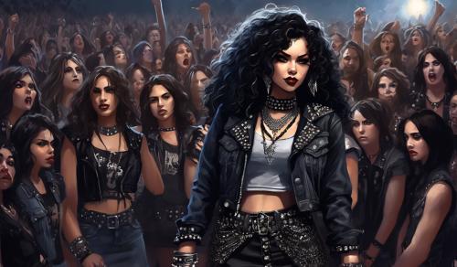 A small, petite heavy metal fan with long black curls, adorned in a thigh-length skirt, studded collar, studded bracelet, studded belt, and a lace mimitop and an open denim jacket stands in the front row of howling heavy metal fans