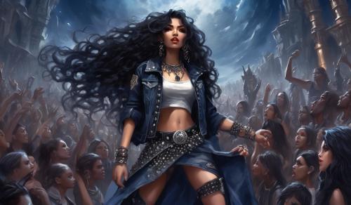 A small, petite heavy metal fan with long black curls, adorned in a thigh-length skirt, studded collar, studded bracelet, studded belt, and a lace mimitop and an open denim jacket stands in the front row of howling heavy metal fans