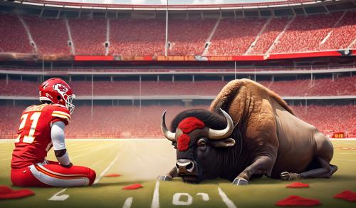 A large buffalo standing on top of a Kansas City Chiefs football player who is lying face down on the field at the Kansas City Chiefs football stadium