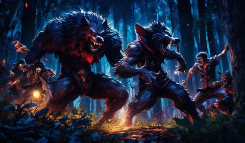 werewolves versus vampires battle in the forest at night