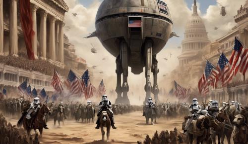 Please create me an image using political symbolism comparing the United States with the Empire from Star Wars in how they are imperialist and oppressive