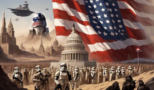 Please create me an image using political symbolism comparing the United States with the Empire from Star Wars in how they are imperialist and oppressive