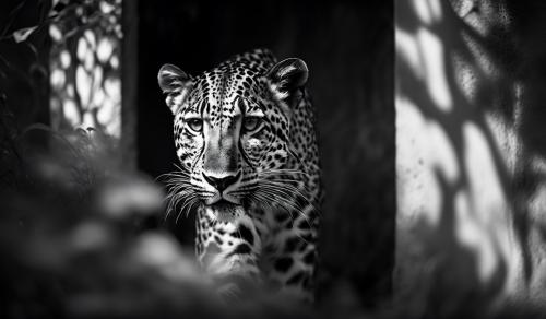 a black and white photograph of a leopard emerging from the shadows 