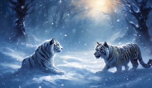 lobo y tigre ,mirándose de frente en la nieve nocturna 