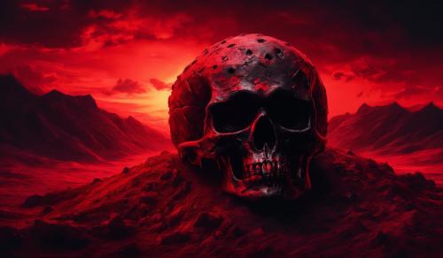 Black and red skull half buried with a red sky