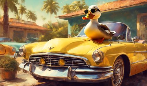 duck with sunglasses on top of 60s car