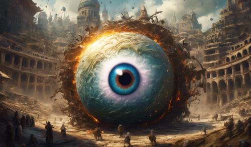 want a fracural image of a big eyeball surrounded in a big orb fight good and bad