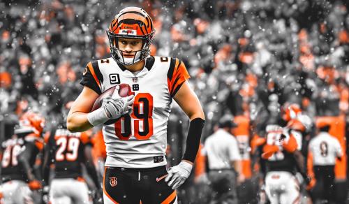 Cincinnati Bengals stadium with joe burrow with the number 9 on the back of his jersery standing strong