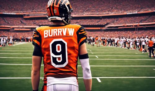 Cincinnati Bengals stadium with joe burrow with the number 9 on the back of his jersery standing strong