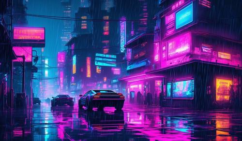 a rainy dystopian cyber punk city at night