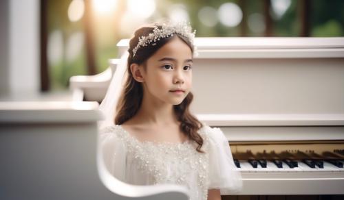 Uma linda menina com feições coreanas, de vestido branco, deitada em cima de um piano branco, 