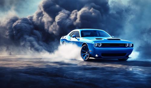 A blue 2017 dadge challenger with smoke in th back