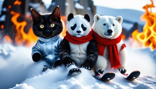 draw a big black cat with big amber eyes wearing a silver snow suit, a panda wearing a red scarf and a polar bear all skiing down a big mountain surrounded by flames in a blizzard