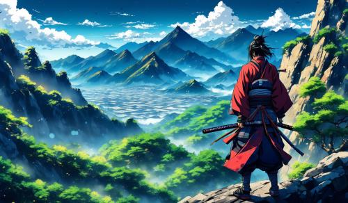 Cool samurai gazing across mountains