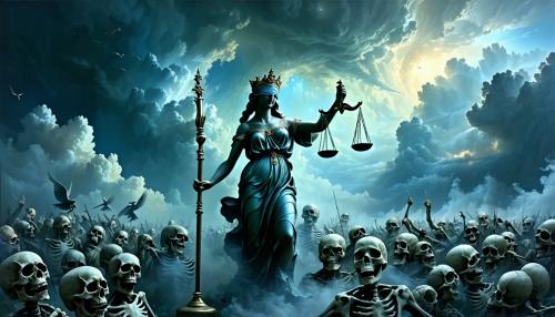 tradutorTodasImagensShoppingVídeosNotíciasMapsWebMaisFerramentasPortuguêsInglêsthe goddess of justice in the sky with a blindfold on her face, holding a scale. below her several skeletons and demons among bodies begging for mercy. in the heavens it is possible to read 