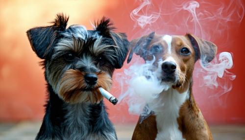 One dog that is small and black and the second dog is brown with white spots and medium size smoking a joint