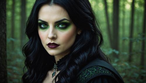 Cute vampire woman with black hair and green eyes.