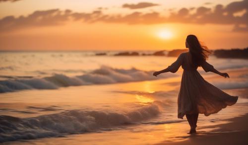 Uma menina linda, dançando, em uma praia, ao pôr do sol 