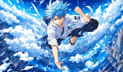 Make a life Wallper there is a person flying on his back his hair white his clothes blue his name Gojo from anime