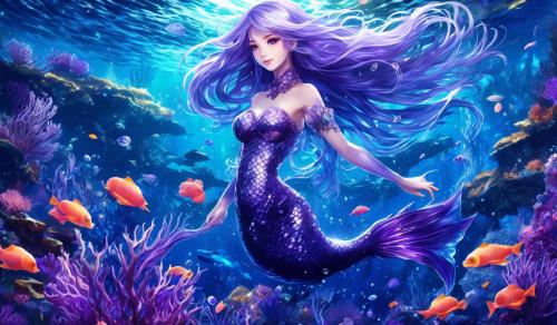 A purple silver haired mermaid, her tail is purple and blue she is surrounded underwater with bioluminescent coral and sea life 