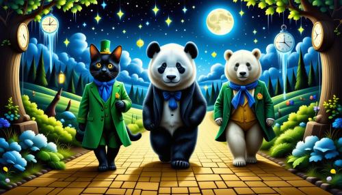 Draw a  a black cat, a panda, and a polar bear walking down a yellow brick road, reminiscent of 