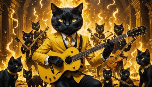 Draw  a black cat dressed in a stylish yellow suit, playing a golden guitar. The cat is surrounded by other black cats all on fire with lightning coming off of their instruments, all adorned with golden accessories, creating a scene that feels both regal and musical. The setting has a golden hue, adding to the luxurious and somewhat surreal atmosphere.