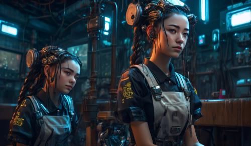 Cyborg girl as housekeeper and school girl in a dystopian future. Facial expression is deprisive, pleated skirt, twin braids, 1girl, high detail, maid, cyberpunk,masterpiece, best quality, 8k, intricate details, high detail, soft lighting, Realistic, CyberpunkAI, neon, <lora:CyberPunkAI:0.8>