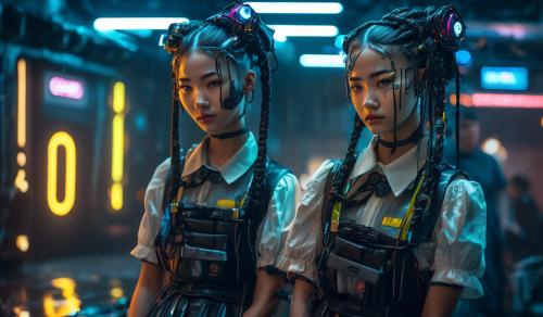 Cyborg girl as housekeeper and school girl in a dystopian future. Facial expression is deprisive, pleated skirt, twin braids, 1girl, high detail, maid, cyberpunk,masterpiece, best quality, 8k, intricate details, high detail, soft lighting, Realistic, CyberpunkAI, neon, <lora:CyberPunkAI:0.8>