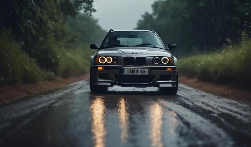 I want a rainy seen with a gray overall feel with a BMW sport on the left but with trees on the sides of the dirt road and the sky is cloudy