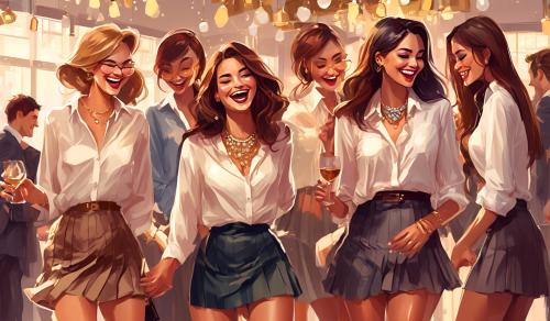 A group of stylish secretaries with slightly unbuttoned blouses, miniskirts and lots of jewelry are standing together laughing and having a good time, some are drinking alcohol, others are dancing. Some are cuddling. They have different hair colors and are very cheerful, miniskirt, pleated skirt